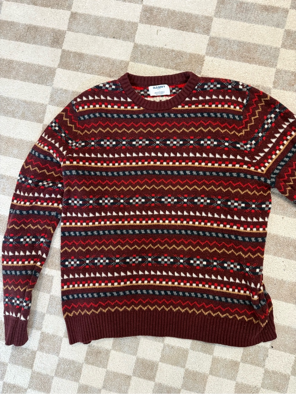Old Navy Men's Burgundy Fair Isle Crewneck Sweater with Multicolor Accents